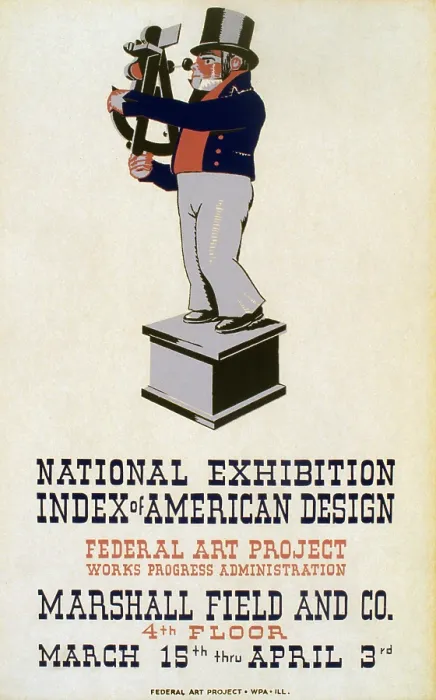 Framed Print : Poster for Federal Art Project exhibition 'Index of American Design' at Marshall Field and Co. 4th floor, showing an 18th century sailor using a sextant