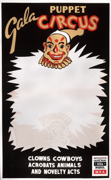 Framed Print : Poster for Federal Theatre Project presentation of a puppet circus, showing head of a clown, text reads: Gala puppet circus clowns, cowboys, acrobats, animals Framed Print : Poster for Federal Theatre Project presentation of a puppet circus, showing head of a clown, text reads: Gala puppet circus clowns, cowboys, acrobats, animals