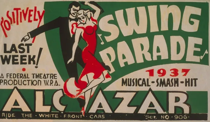 Framed Print : Poster for Federal Theatre Project presentation of Swing Parade at the Alcazar theater, showing a man and woman dancing, text reads: Swing Parade