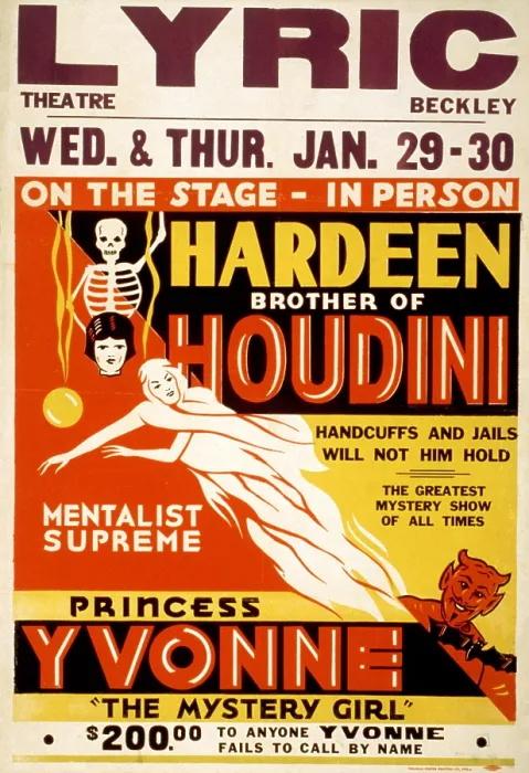 Framed Print : Poster for Hardeen Houdini, brother of Harry Houdini, text reads: On the stage - in person, Hardeen, brother of Houdini handcuffs and jails will not hold him