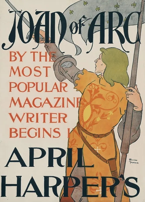 Framed Print : Poster for Harper's magazine showing Joan of Arc holding a flag in one hand and pointing her sword with the other, caption reads: by the most popular magazine writer