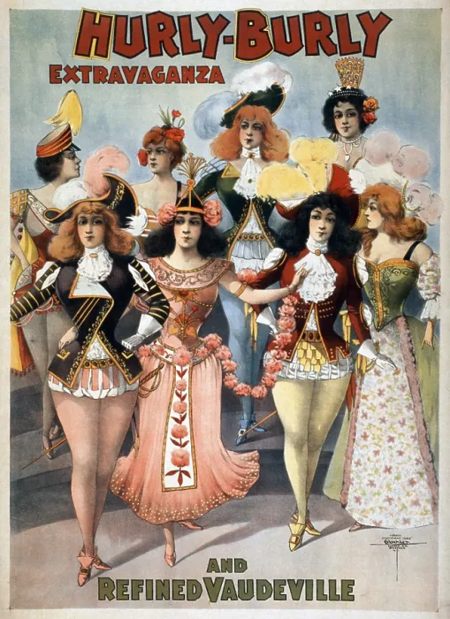 Framed Print : Poster for the Hurly-Burly Extravaganza and Refined Vaudeville with chorus girl in costumes based on military uniforms and European court dress. 1899
