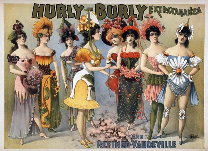 Framed Print : Poster for the Hurly-Burly Extravaganza and Refined Vaudeville with chorus girls in fanciful flower costumes. 1899