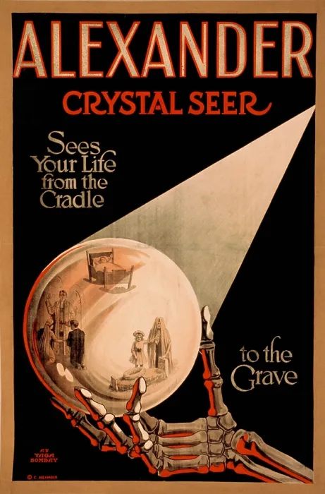 Framed Print : Poster for magic act of Claude Alexander Conlin (1880 - 1954), claims Alexander, crystal seer sees our life from the cradle to the grave. 1910 poster