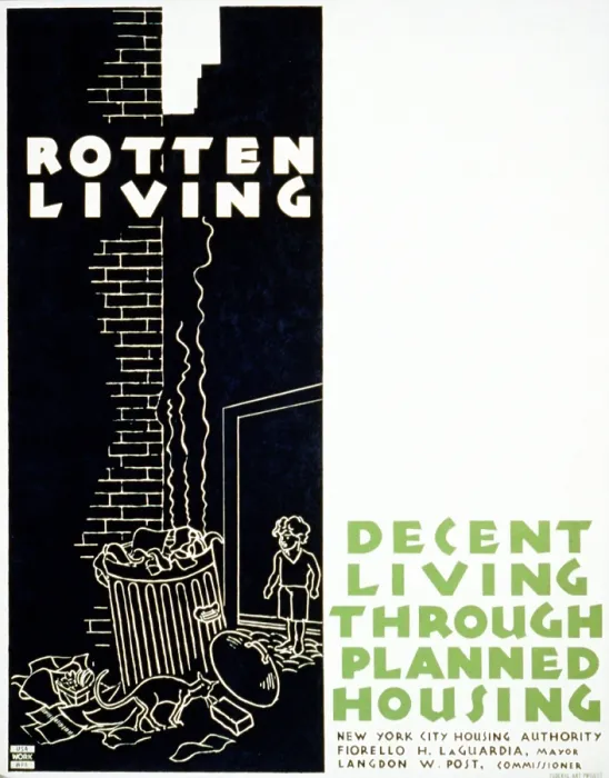Framed Print : Poster promoting planned housing as a solution to better living conditions in cities, showing a child standing in a alley with a trash can and cat rummaging through the garbage
