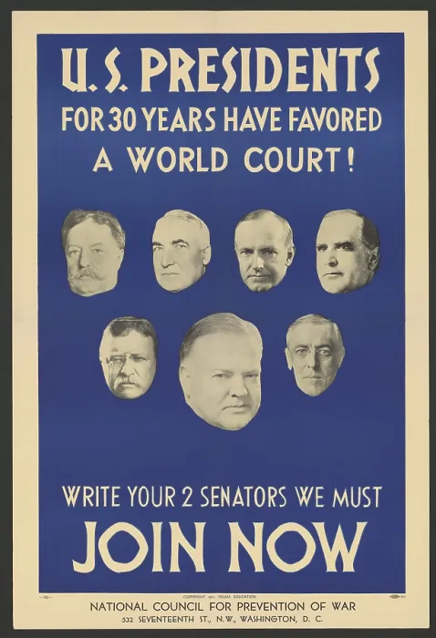 Framed Print : Poster promoting the World Court by the National Council for Prevention of War, 1931. U.S. Presidents for 30 years have favored a world court! Write your two senators Framed Print : Poster promoting the World Court by the National Council for Prevention of War, 1931. U.S. Presidents for 30 years have favored a world court! Write your two senators