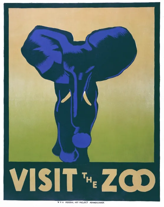 Framed Print : Poster promoting the zoo as a place to visit, showing an elephant, reads: Visit the zoo, designed by Hugh Stevenson, for the Works Progress Administration, 1937 Framed Print : Poster promoting the zoo as a place to visit, showing an elephant, reads: Visit the zoo, designed by Hugh Stevenson, for the Works Progress Administration, 1937