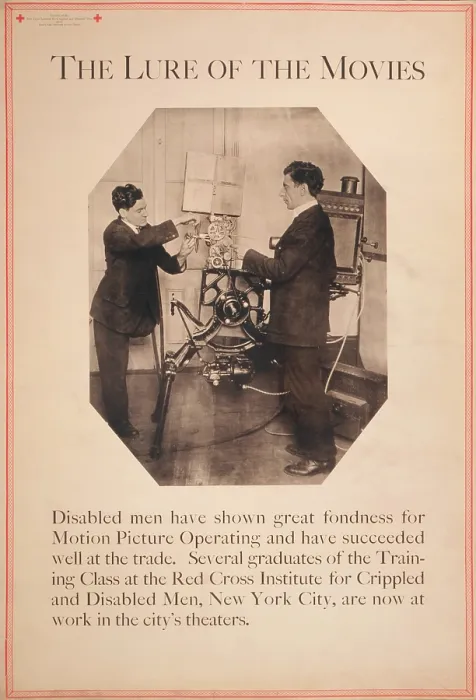 Framed Print : Poster showing disabled man working a film projector, The Lure of the Movies