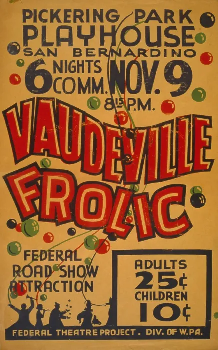 Framed Print : Poster showing revelers at a party and announcing a Vaudeville revue, for Federal Theatre Project presentation at the Pickering Park Playhouse, San Bernardino, California
