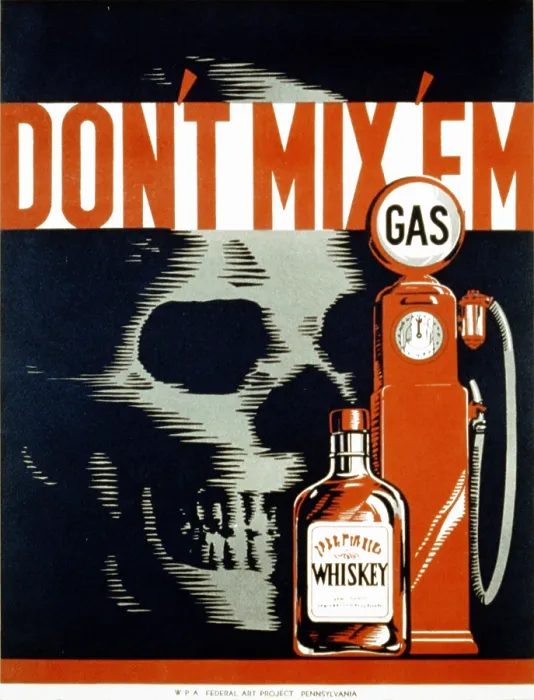Framed Print : Poster showing whiskey bottle, gas pump, and a skull, warning against intoxication and driving, text reads: Don't mix em, poster by Robert Lachenmann, 1937
