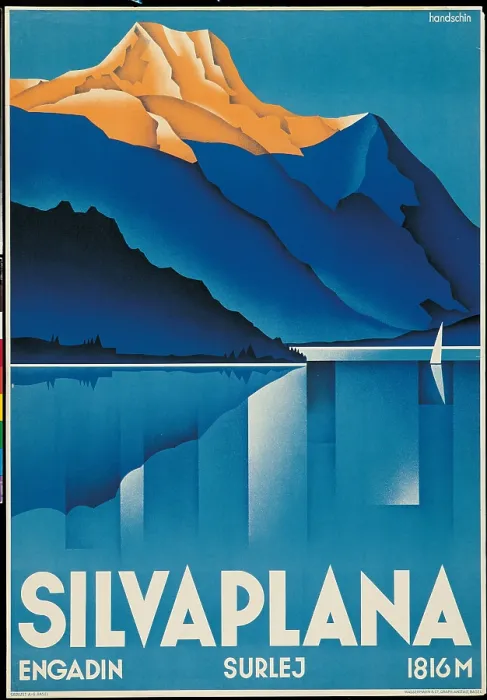 Framed Print : Poster for Silvaplana, by Johannes Handschin, 1934, 20th Century, print, - private collection. All. Advertising poster Switzerland Silvaplana Engadina mountain blue lake
