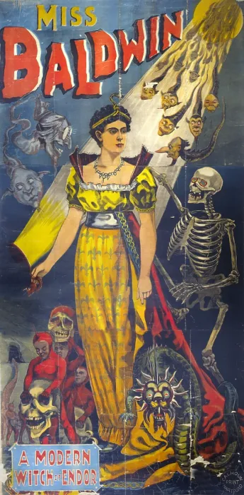 Framed Print : Poster for stage and magic show, for wife of Samri S. Baldwin, Miss Baldwin, A Modern Witch of Endor by Calhoun Print, Hartford, Connecticut, circa 1870