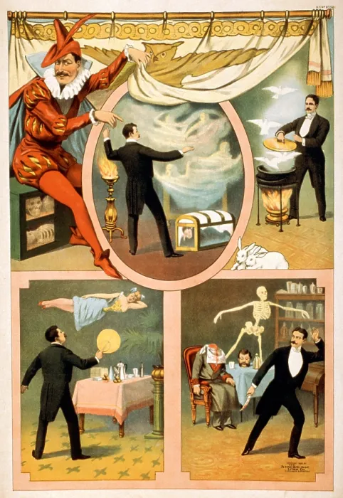 Framed Print : Poster for stage and magic show, Zan Zig performing in four magic vignettes, 1899