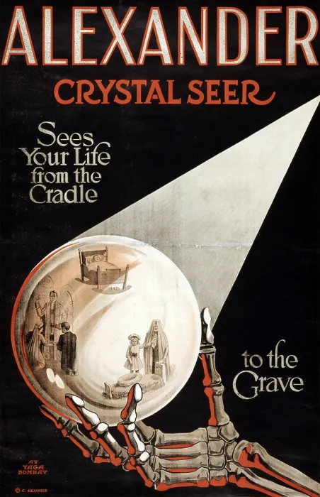 Framed Print : Poster for stage magician and seer Claude Alexander, text reads: Alexander, crystal seer sees your life from the cradle to the grave, circa 1910 Framed Print : Poster for stage magician and seer Claude Alexander, text reads: Alexander, crystal seer sees your life from the cradle to the grave, circa 1910