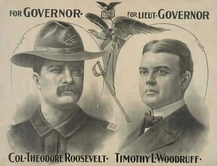 Framed Print : Poster for Theodore Roosevelts campaign for Governor of New York State. He returned converted his popularity as a Spanish American War hero to votes and won the election in Nov