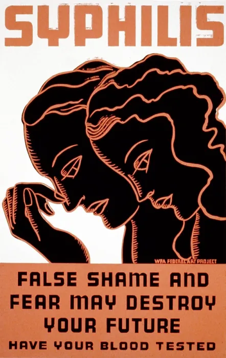 Framed Print : Poster for treatment of syphilis, showing a man and a woman bowing their heads in shame, text reads: Syphilis, False shame and fear may destroy your future