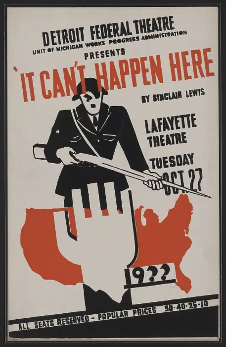 Framed Print : Poster for WPA Federal Theater Project, It Can't Happen Here'. Based on Sinclair Lewis's novel, it depicted America under the control of a fascist dictatorship
