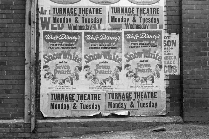 Framed Print : Posters advertising the Disney film, Snow White and the Seven Dwarfs, in Washington, North Carolina, April 1938 Framed Print : Posters advertising the Disney film, Snow White and the Seven Dwarfs, in Washington, North Carolina, April 1938
