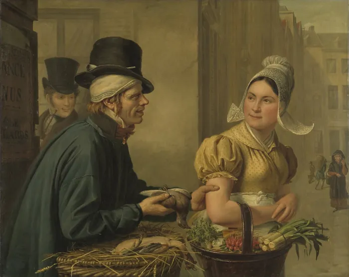 Framed Print : The Poultryman, Ignace Brice, 1827, Belgian, painting, oil on canvas. Street scene of man grabbing a young women's arm at a market to sell her a dead pigeon (BSLOC_2016_2_163)
