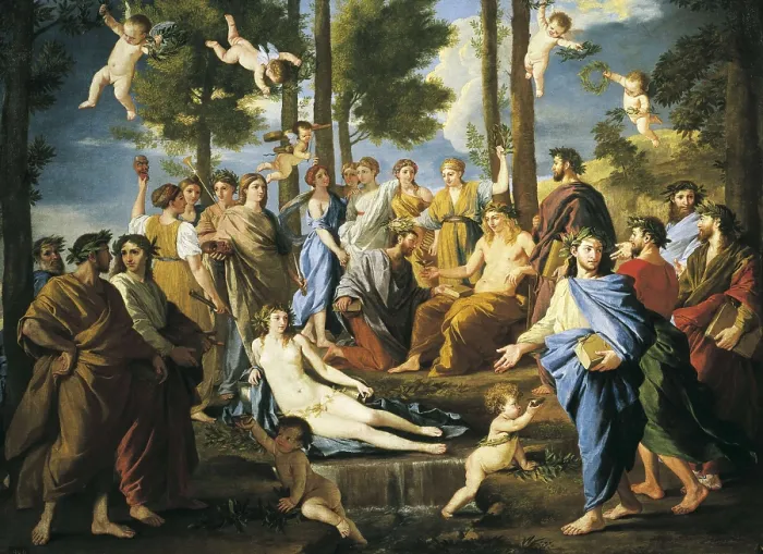 Framed Print : POUSSIN, Nicolas (1594-1665). Parnassus. 1625 - 1629. Apollo offers the ambrosia to Homer who is crowned by Calliope