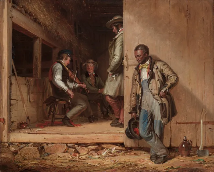 Framed Print : The Power of Music, by William Sidney Mount, 1847. From outside a Long Island barn, an African American laborer listens to a fiddle tune enjoyed by white men