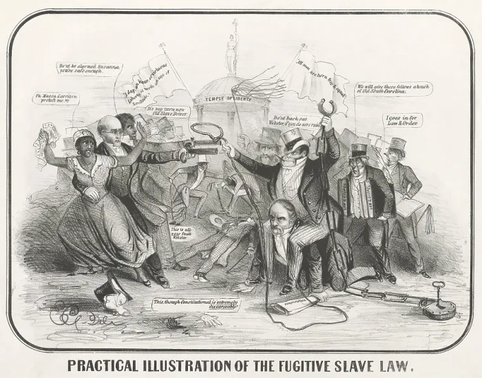 Framed Print : PRACTICAL ILLUSTRATION OF THE FUGITIVE SLAVE LAW, satirical political cartoon, 1851. It depicts abolitionist William Lloyd Garrison protecting the fugitive slave Susanna