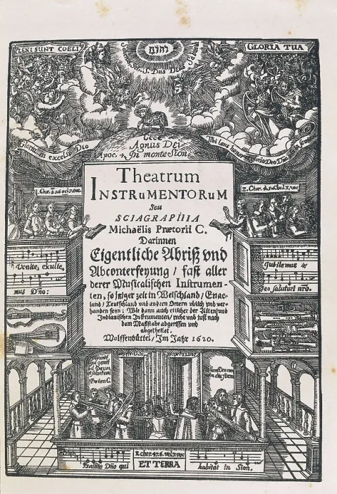 Framed Print : Praetorius, Michael (1571-1621). Title page of 'Theatrum Instrumentorum', one of the three volums of 'Sintagma Musicum' by Michael Praetorius (1620)