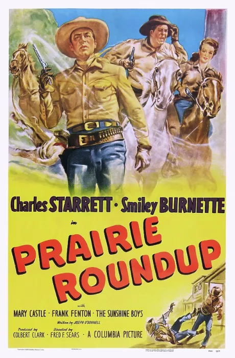 Framed Print : PRAIRIE ROUNDUP, US poster art, top from left: Charles Starrett, Smiley Burnette, Mary Castle, 1951