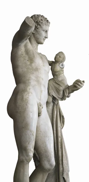 Framed Print : PRAXITELES (flourished 370, -330 BC). Hermes bearing the infant Dionysus. ca. 330 BC. Hermes carrying the child Dionysus to the nymphs who were charged with his rearing Framed Print : PRAXITELES (flourished 370, -330 BC). Hermes bearing the infant Dionysus. ca. 330 BC. Hermes carrying the child Dionysus to the nymphs who were charged with his rearing