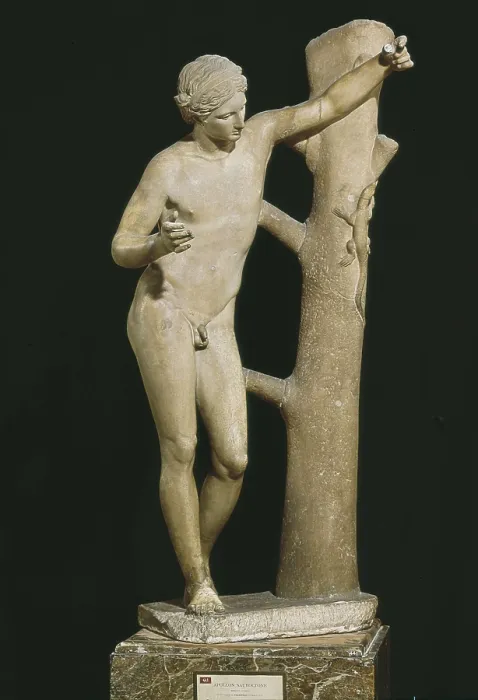 Framed Print : PRAXITELES (flourished 370, -330 BC). Apollo Sauroktonos. 1st-2nd c. Roman copy of a Greek bronze attributed to Praxiteles. Roman art. Late Empire. ; Classical Greek art