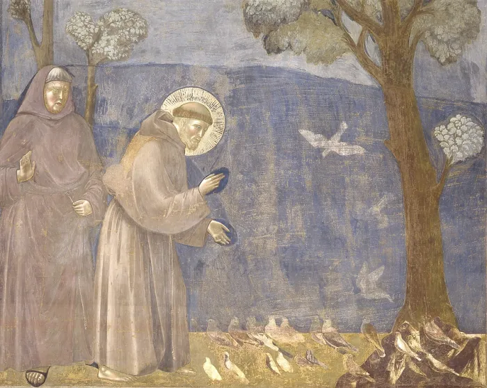 Framed Print : Preaching to the Birds, by Giotto, 1297-1300, 13th-14th century, fresco. - Italy, Umbria, Assisi, Upper Basilica of St. Francis. Whole artwork view. St Framed Print : Preaching to the Birds, by Giotto, 1297-1300, 13th-14th century, fresco. - Italy, Umbria, Assisi, Upper Basilica of St. Francis. Whole artwork view. St