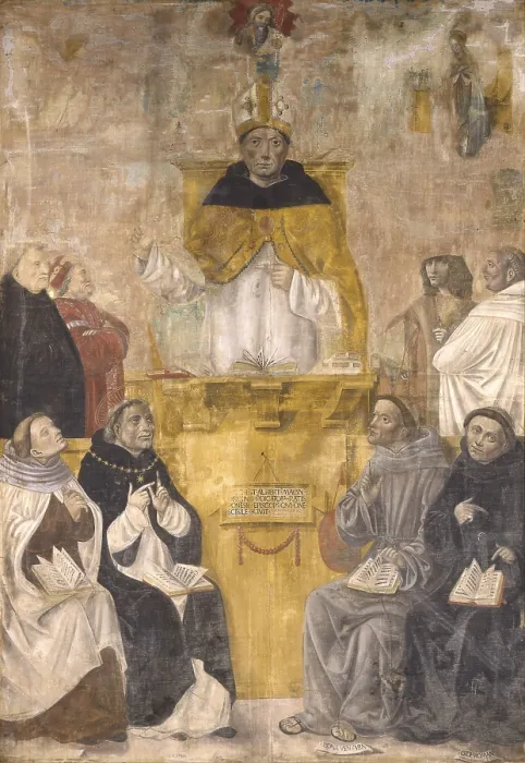 Framed Print : Preaching of Saint Albert the Great with Saints Thomas Aquinas, Bonaventure, Egidio, and other learned; God the Father and Annunciation, by Alvise De Donati, 15th Century