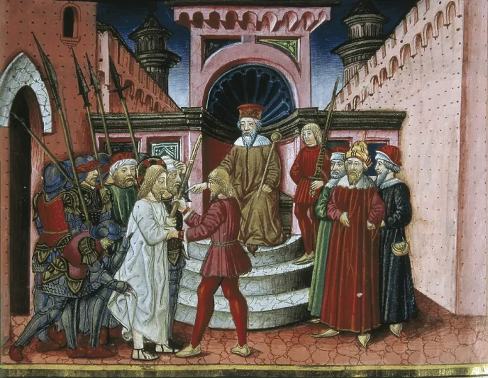 Framed Print : DE PREDIS, Cristoforo (1440-1486). Stories of Saint Joachim, Saint Anne, Virgin Mary, Jesus, the Baptist and the End of the World. 1476. Herodes interrogates Jesus