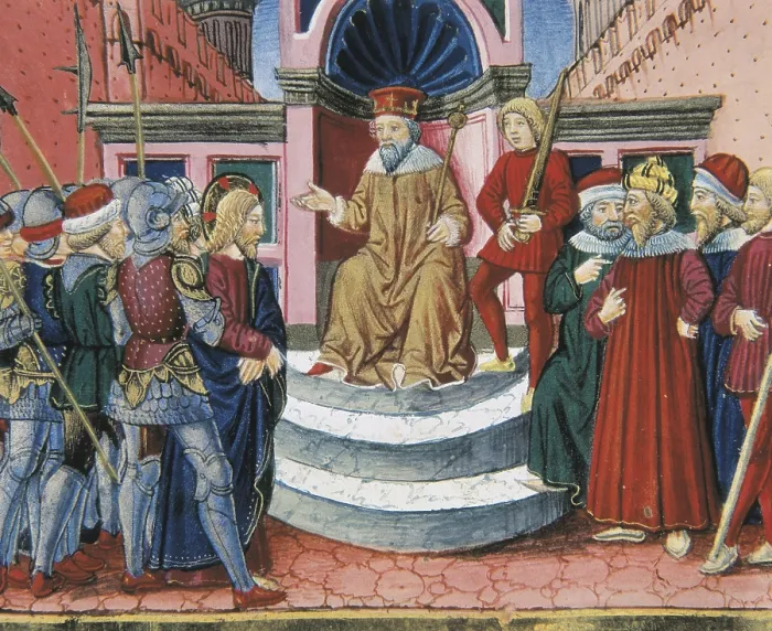 Framed Print : DE PREDIS, Cristoforo (1440-1486). Stories of Saint Joachim, Saint Anne, Virgin Mary, Jesus, the Baptist and the End of the World. 1476. Jesus is led before Herode