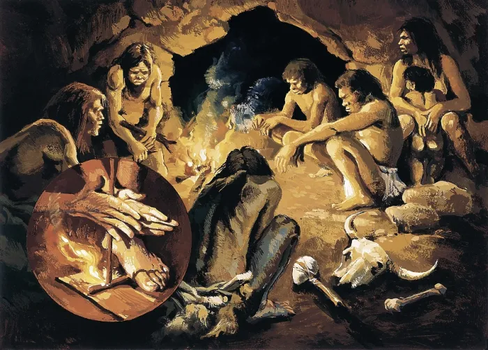 Framed Print : Prehistory. Upper Paleolithic. Cromagnon men got together around the fire in a cave. AISA / Everett Collection**US SALES ONLY** Framed Print : Prehistory. Upper Paleolithic. Cromagnon men got together around the fire in a cave. AISA / Everett Collection**US SALES ONLY**