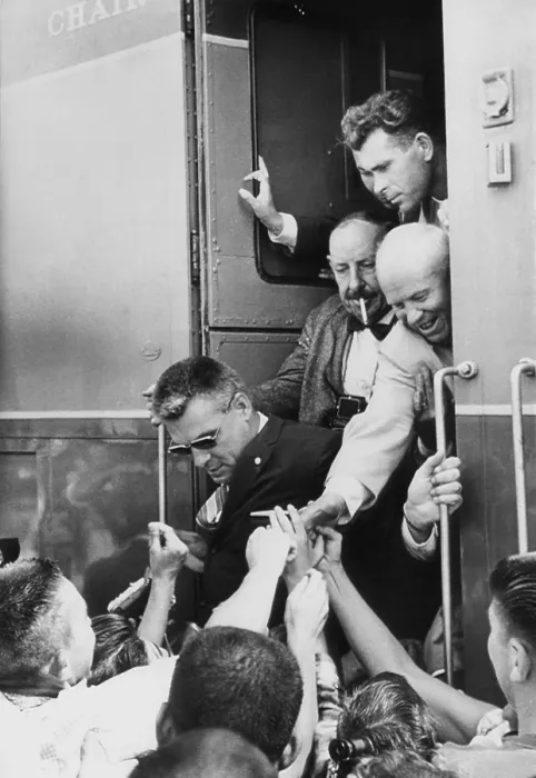 Framed Print : Premier Nikita Khrushchev reaches out for one last handshake from his train. The Soviet Russian leader was leaving San Luis Obispo, California, during his tour of the U.S. Sept Framed Print : Premier Nikita Khrushchev reaches out for one last handshake from his train. The Soviet Russian leader was leaving San Luis Obispo, California, during his tour of the U.S. Sept