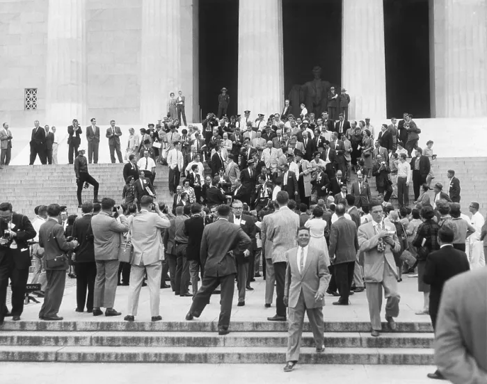 Framed Print : Premier Nikita Khrushchev surrounded by reporters on the steps of the Lincoln Memorial. Sept. 16, 1959. - (BSLOC_2014_16_151) Framed Print : Premier Nikita Khrushchev surrounded by reporters on the steps of the Lincoln Memorial. Sept. 16, 1959. - (BSLOC_2014_16_151)