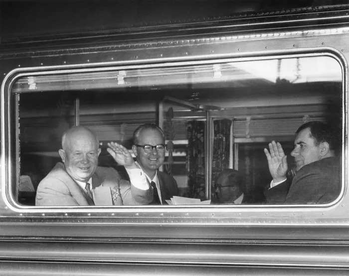 Framed Print : Premier Nikita Khrushchev waving from his train as he leaves Washington for New York City. Also waving at right is Andrei Gromyko, Foreign Minister of USSR