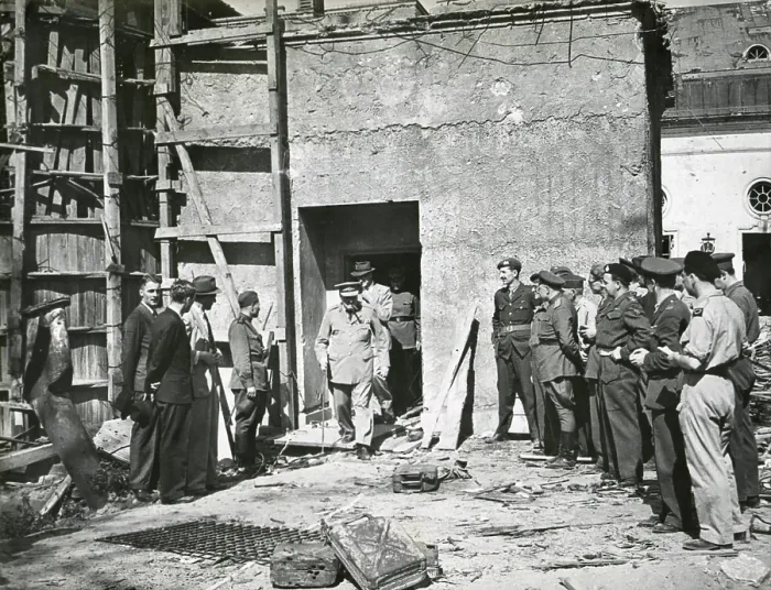 Framed Print : Premier Winston Church emerging from the Reich Chancellery, March 20, 1945. This was the underground Berlin bunker in which Hitler and Eva Braun committed suicide