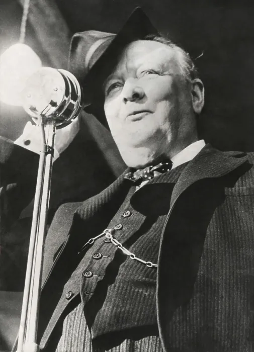 Framed Print : Former Premier Winston Churchill broadcasting a radio message during the British general elections. Aug. 16, 1947. - (BSLOC_2014_17_49) Framed Print : Former Premier Winston Churchill broadcasting a radio message during the British general elections. Aug. 16, 1947. - (BSLOC_2014_17_49)