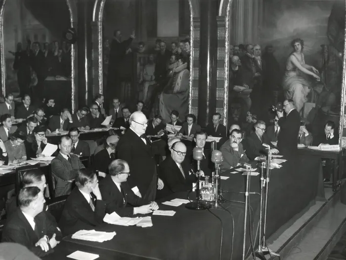 Framed Print : Former Premier Winston Churchill speaking at the opening of the European International Congress. Feb. 26, 1949. At the Bourse (Stock Exchange) of Brussels, Belgium