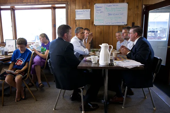 Framed Print : Pres. Barack Obama breakfasts with small business owners at Rausch's Caf in Guttenberg, Iowa Framed Print : Pres. Barack Obama breakfasts with small business owners at Rausch's Caf in Guttenberg, Iowa
