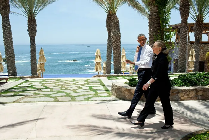 Framed Print : Pres. Barack Obama walks with Sec. of State Hillary Clinton after meeting with Pres. Vladimir Putin