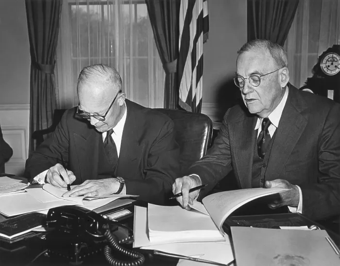 Framed Print : Pres. Eisenhower and John Foster Dulles signing Proclamations of Ratification relating to Germany. April 7, 1955. - (BSLOC_2014_16_134)