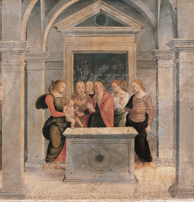 Framed Print : Presentation of Jesus at the Temple, by Pietro Vannucci known as Perugino, co-workers and Pietro Vannucci, 1502 - 1523 about, 16th Century, oil on panel, cm 39, 5 x 83, 5 - Italy