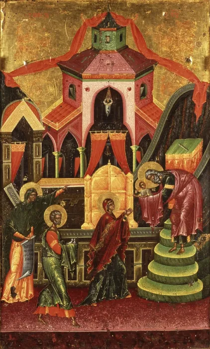 Framed Print : Presentation of Jesus at theTemple, by Onufri, 16th Century, tempera on wood - Albania, Berat, Onufri Museum. Whole artwork view
