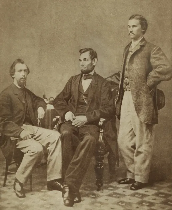 Framed Print : President Abraham Lincoln with his young private secretaries, John Nicolay (seated) and John Hay, 1863 Framed Print : President Abraham Lincoln with his young private secretaries, John Nicolay (seated) and John Hay, 1863