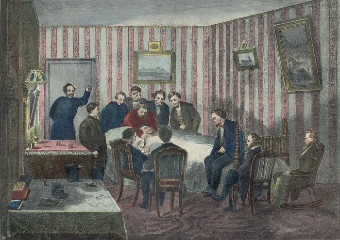 Framed Print : President Abraham Lincolns deathbed in the Peterson House, across the street from Fords Theater, is attended by his generals, cabinet, and his son Framed Print : President Abraham Lincolns deathbed in the Peterson House, across the street from Fords Theater, is attended by his generals, cabinet, and his son