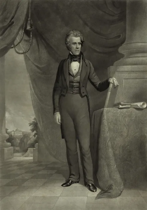 Framed Print : President Andrew Jackson, in the White House with a view of the Capitol, c. 1840-1870. Engraving by John Sartain, after a painting by James Reid Lambdin (BSLOC_2017_6_21) Framed Print : President Andrew Jackson, in the White House with a view of the Capitol, c. 1840-1870. Engraving by John Sartain, after a painting by James Reid Lambdin (BSLOC_2017_6_21)