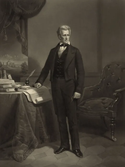 Framed Print : President Andrew Jackson, in the White House with a view of the Capitol through a window